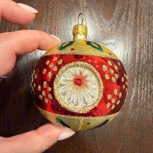 Vintage Gold Red Green Glass Christmas Ornament With Gold Glitter Design